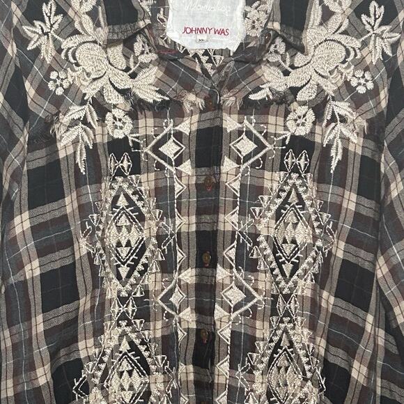 Johnny Was Tunic Top Blouse 3J Workshop Plaid Embroidered Button-Down Size XL - Picture 5 of 8